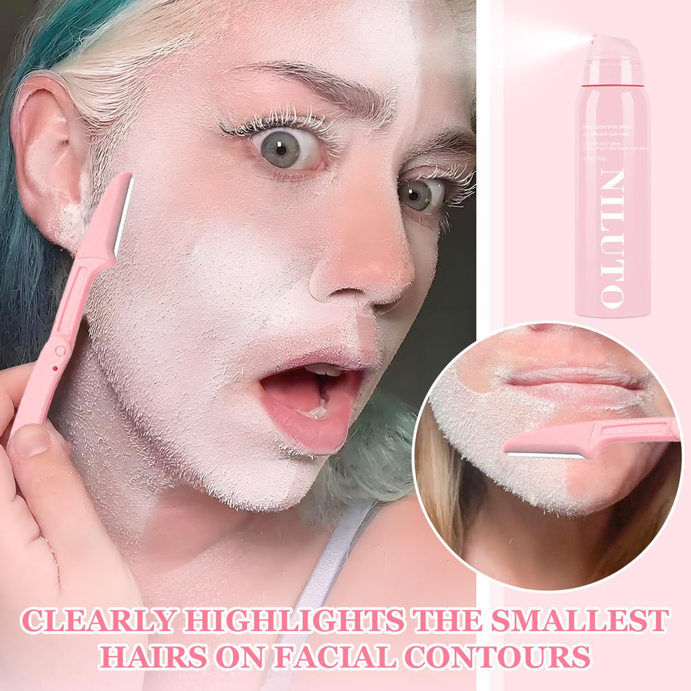 NILUTO face shaving application close-up shows precise spray use.