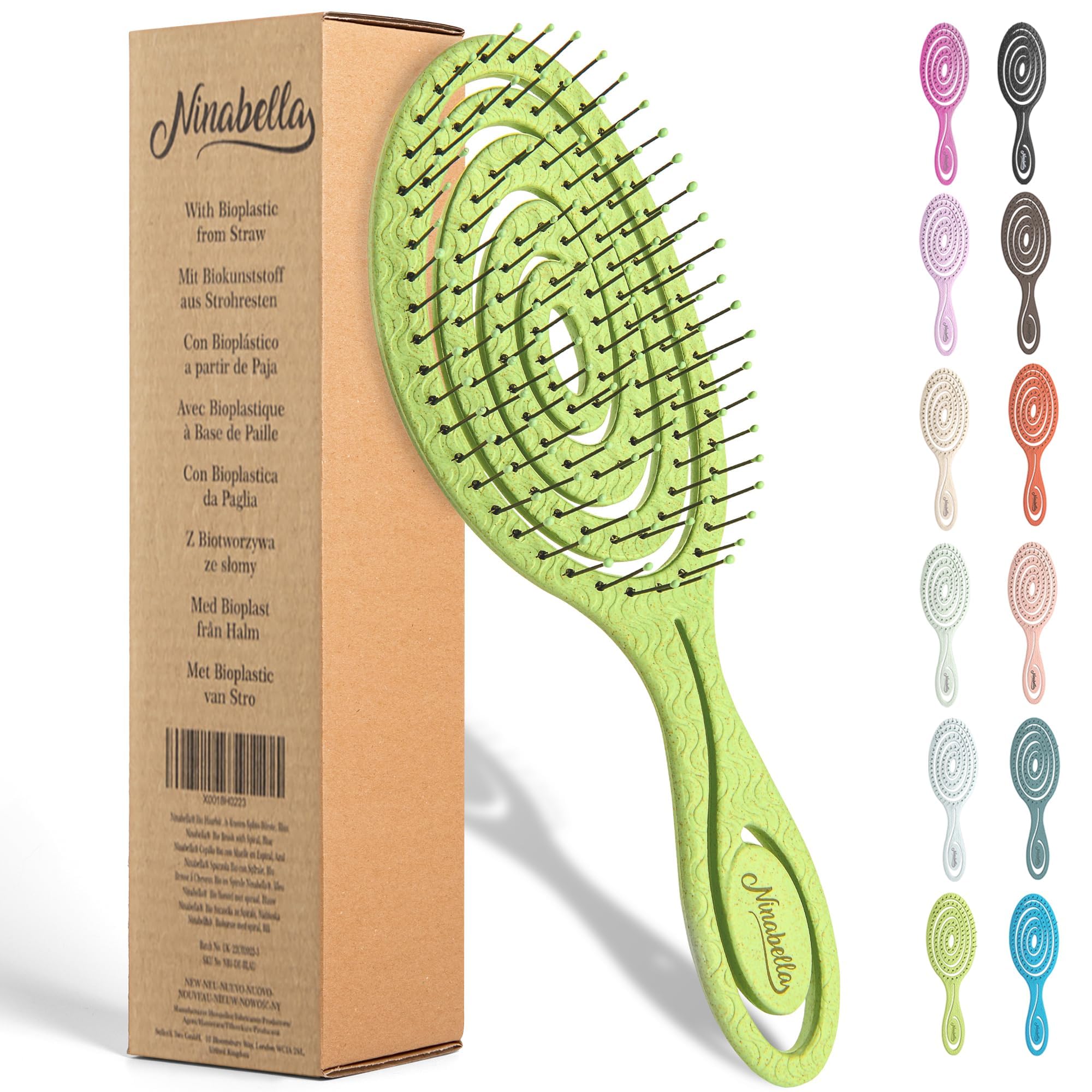 Ninabella detangle brush with spiral-bristle head for gentle detangling.