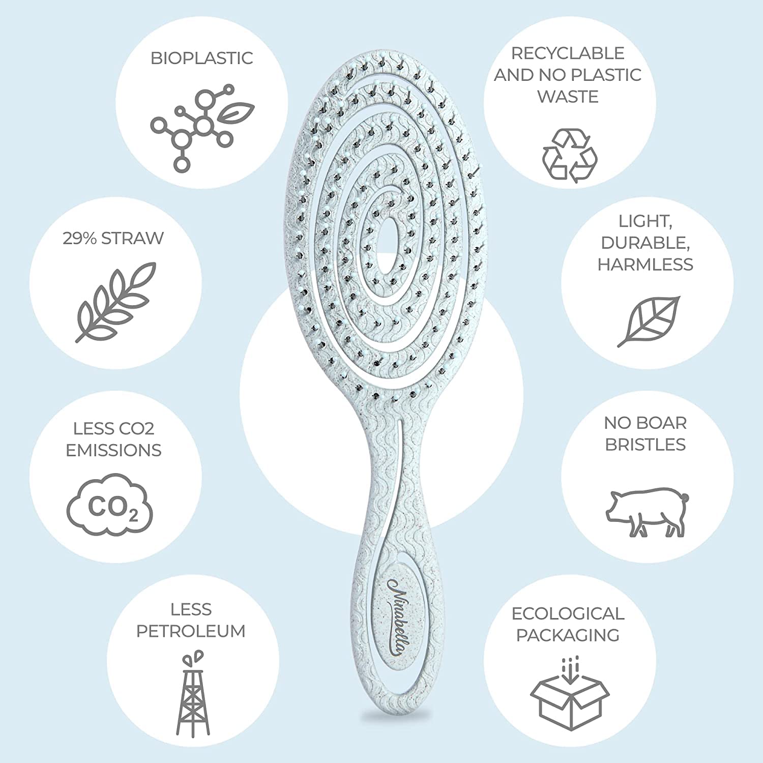 Ninabella detangle brush made from recycled vegan materials, no animal hair