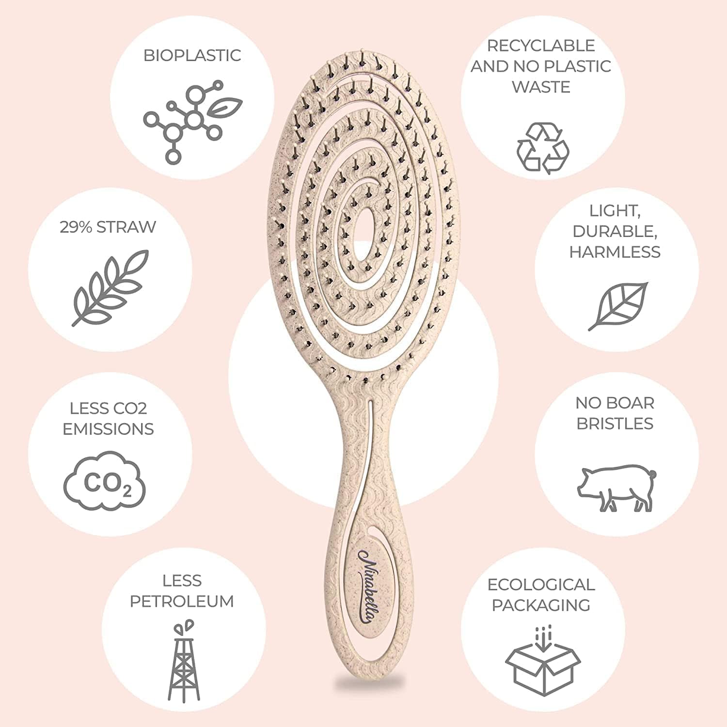 Ninabella Detangle Brush vegan materials from recycled plastic support eco-friendly grooming.