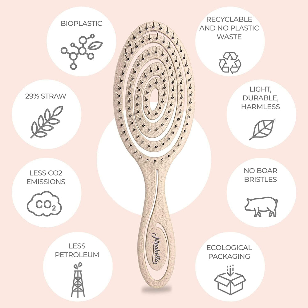 Ninabella Detangle Brush vegan materials from recycled plastic support eco-friendly grooming.