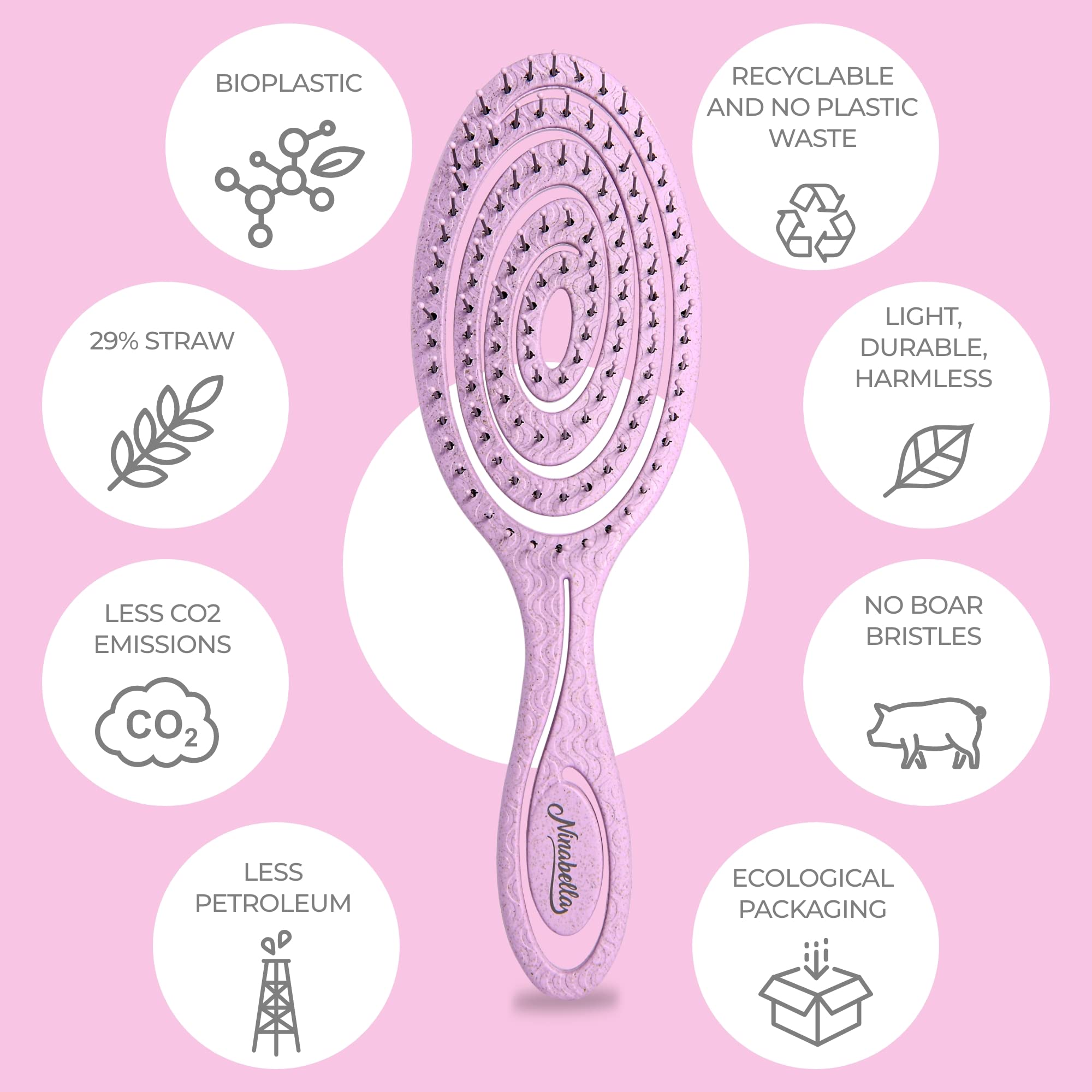 Ninabella detangle brush made from recycled plastic and vegan materials.