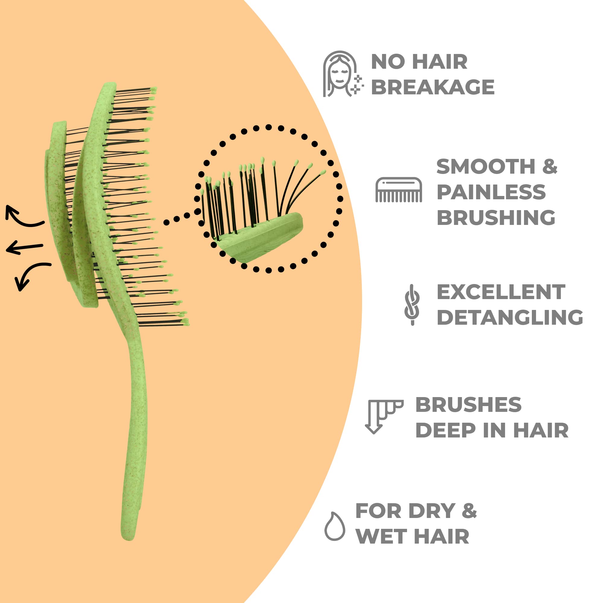 Pain-free detangler hairbrush reduces tugging during styling.