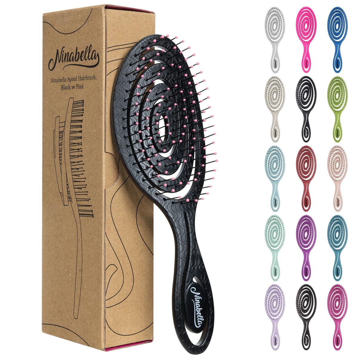 Ninabella Spiral Hairbrush closeup in black-pink, ideal for gentle detangling on wet or dry hair.