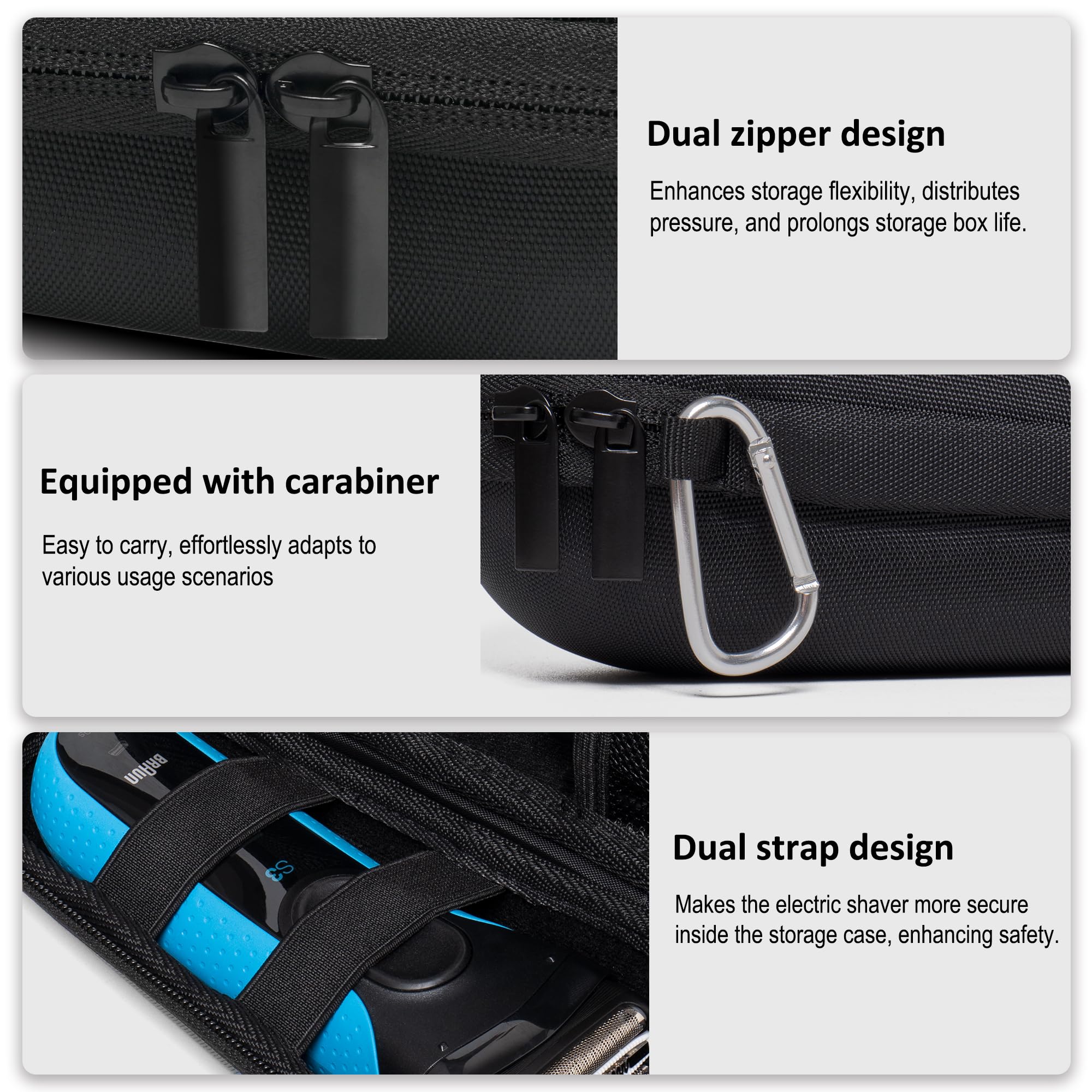 Nincha case uses two straps to secure the shaver without triggering the power button.