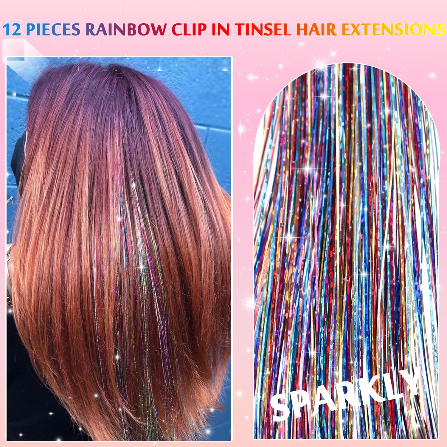Nineibei 24-inch colored hair tinsel in rainbow of shades for playful styling.