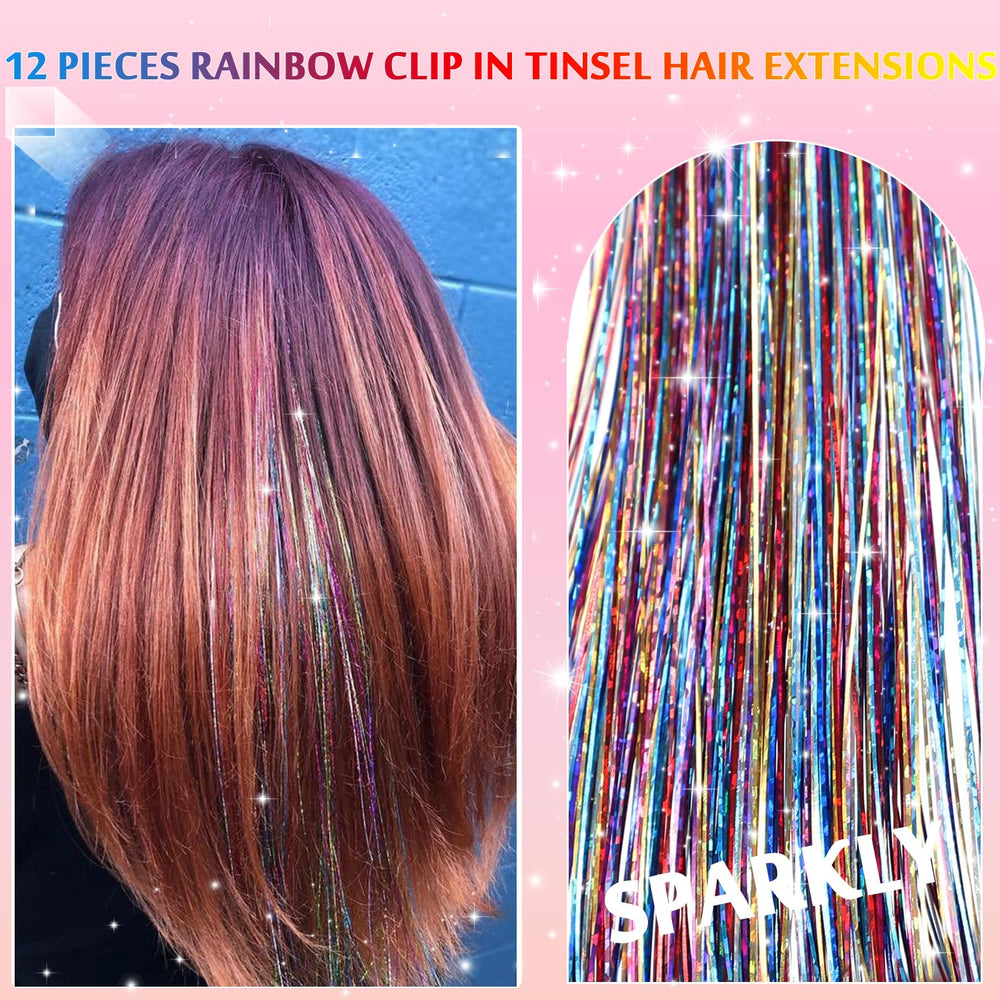 Nineibei 24-inch colored hair tinsel in rainbow of shades for playful styling.