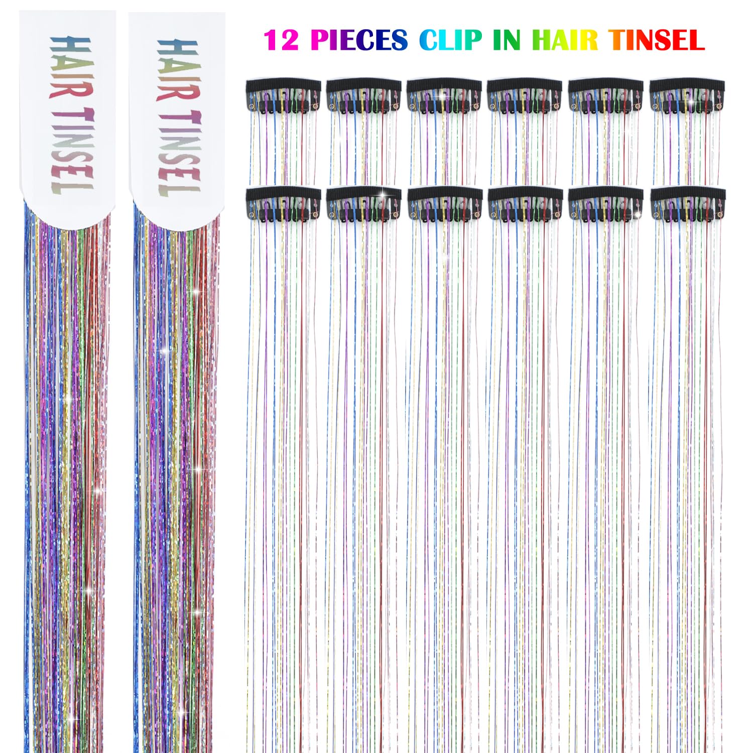 Nineibei glitter tinsel clip-in on hair application for quick, dramatic party looks.