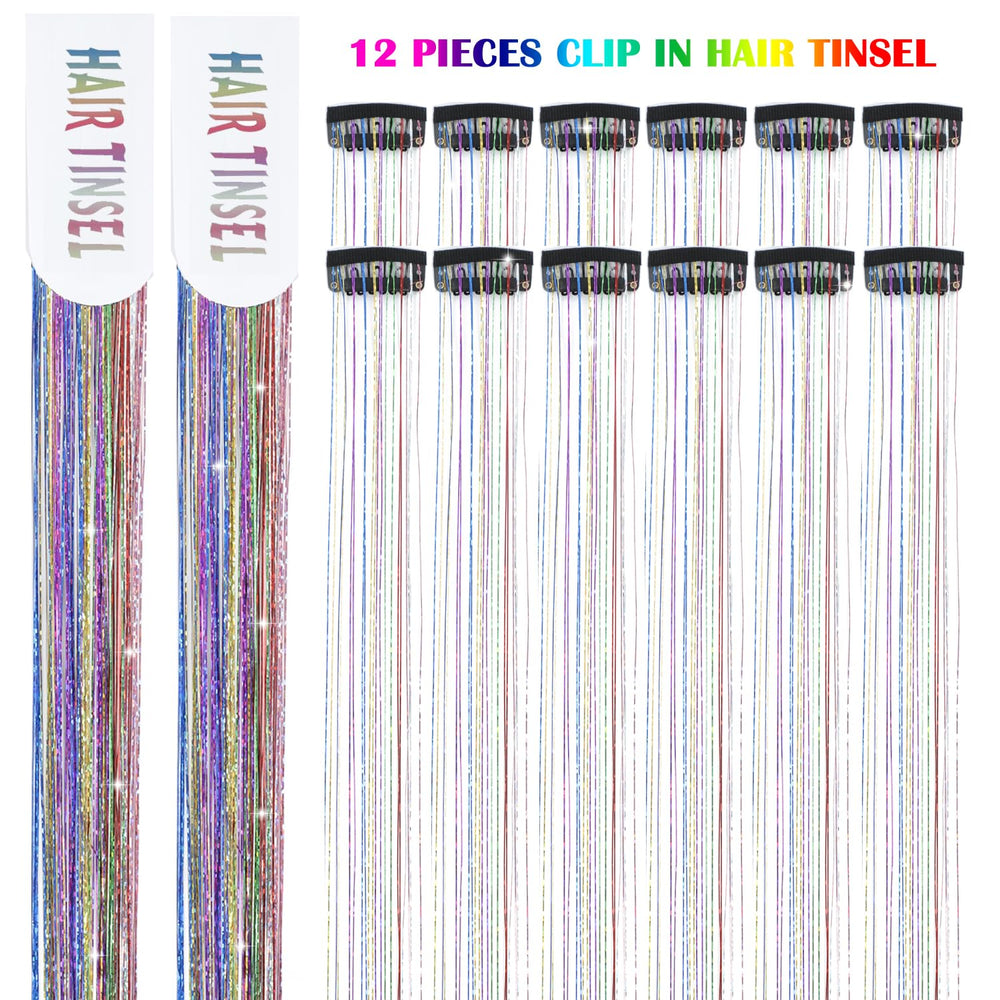 Nineibei glitter tinsel clip-in on hair application for quick, dramatic party looks.