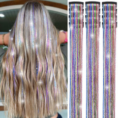 Nineibei hair tinsel clip-in 24-inch package with 12 glitter extensions for instant sparkle.