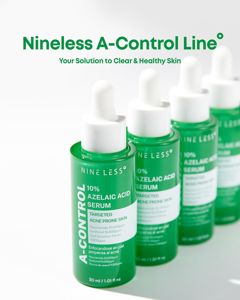 NINELESS aplica 2-3 gotas en cara y cuello para resultados profesionales.