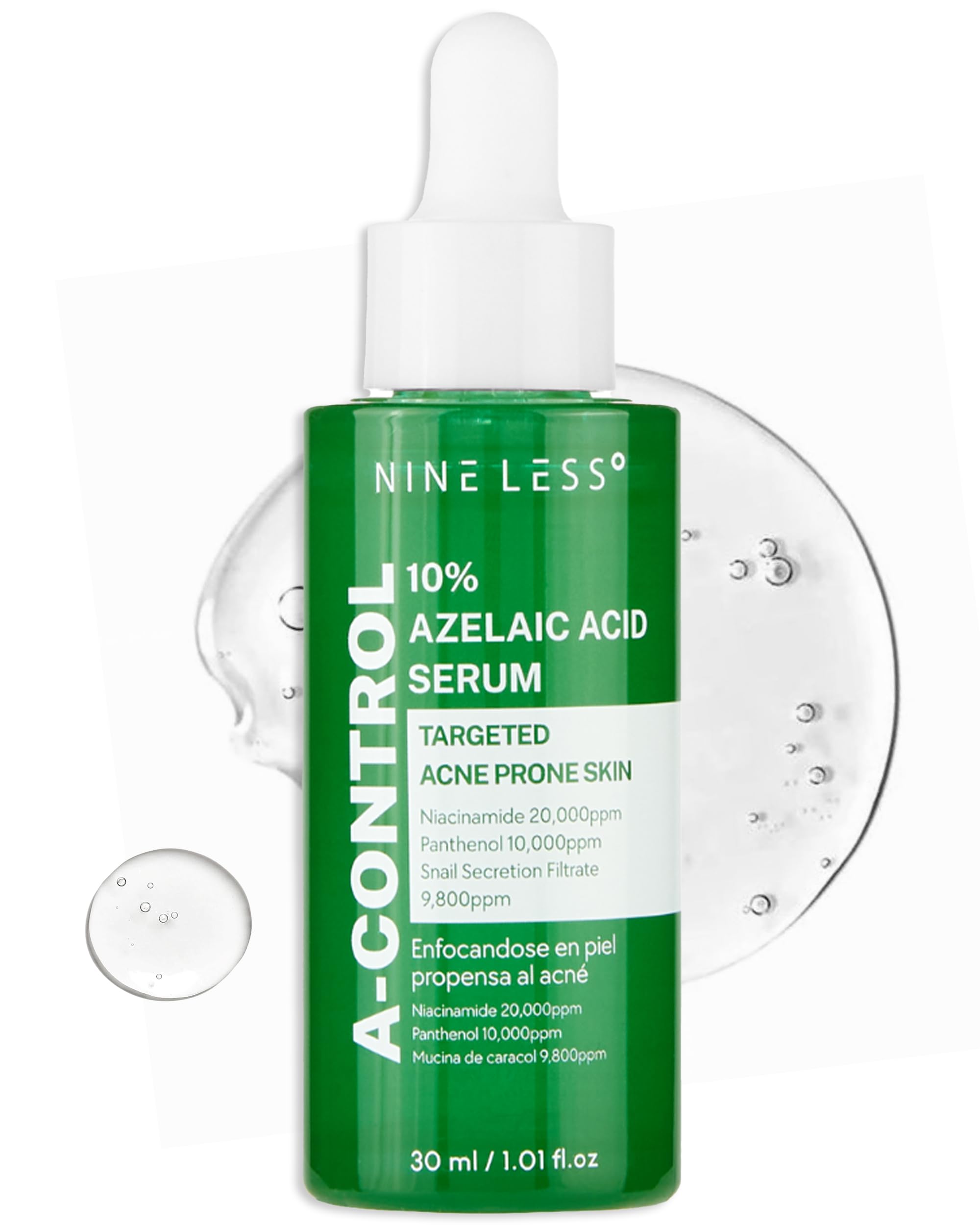 NINELESS azelaico 10% serum en botella para alivio suave y tono más uniforme.