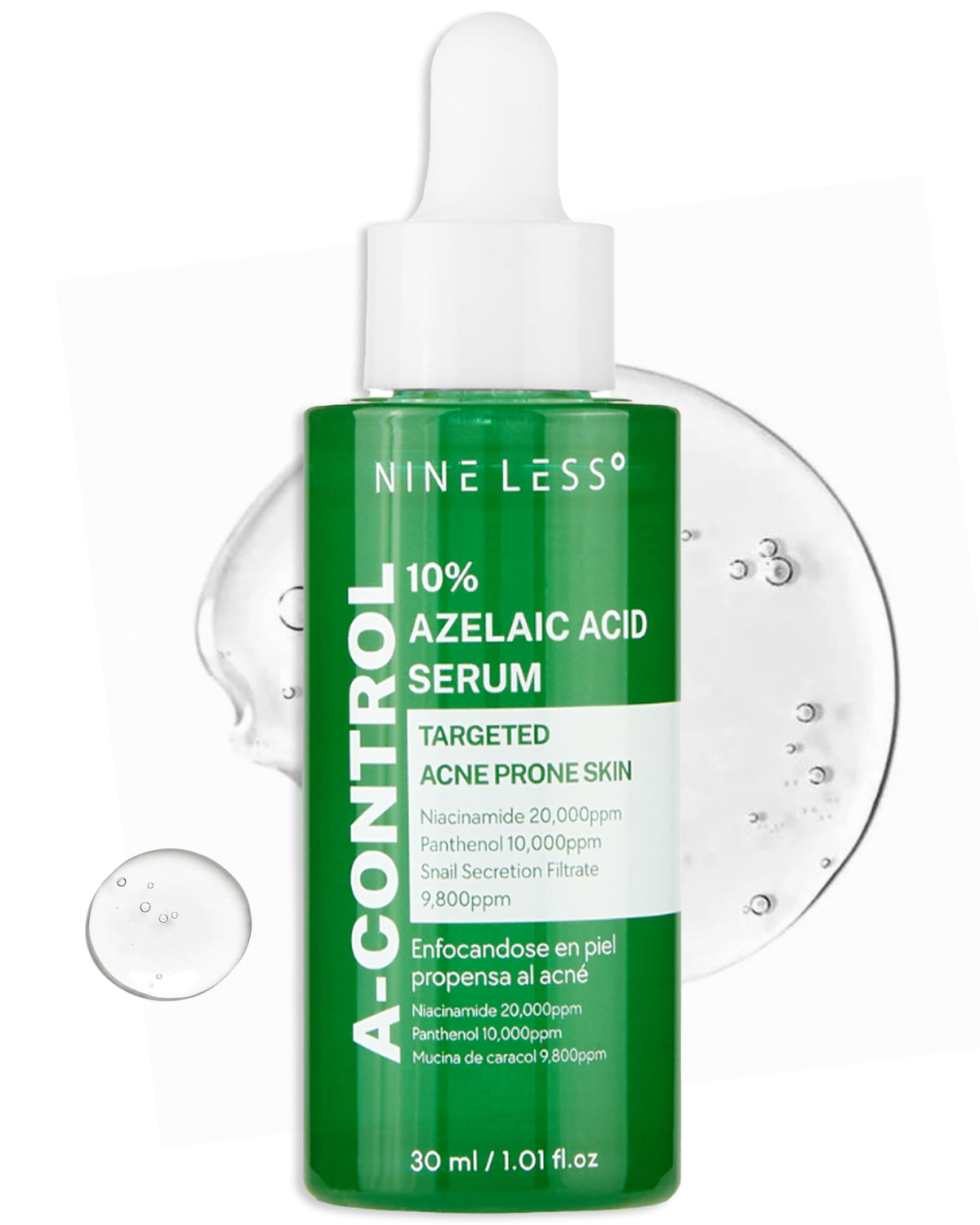 NINELESS azelaico 10% serum en botella para alivio suave y tono más uniforme.