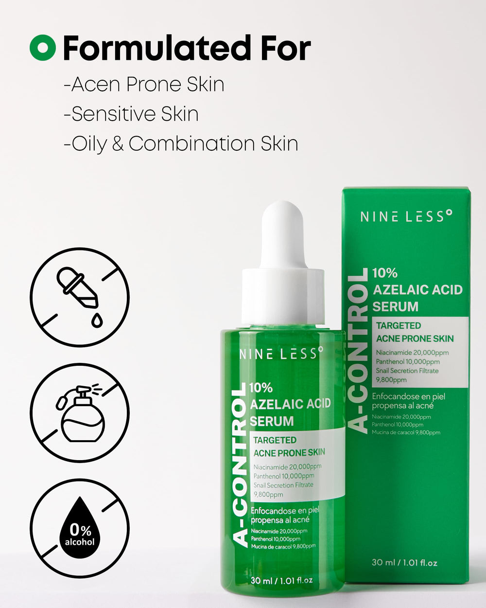 NINELESS serum diario ligero se absorbe rápido y deja acabado mate.
