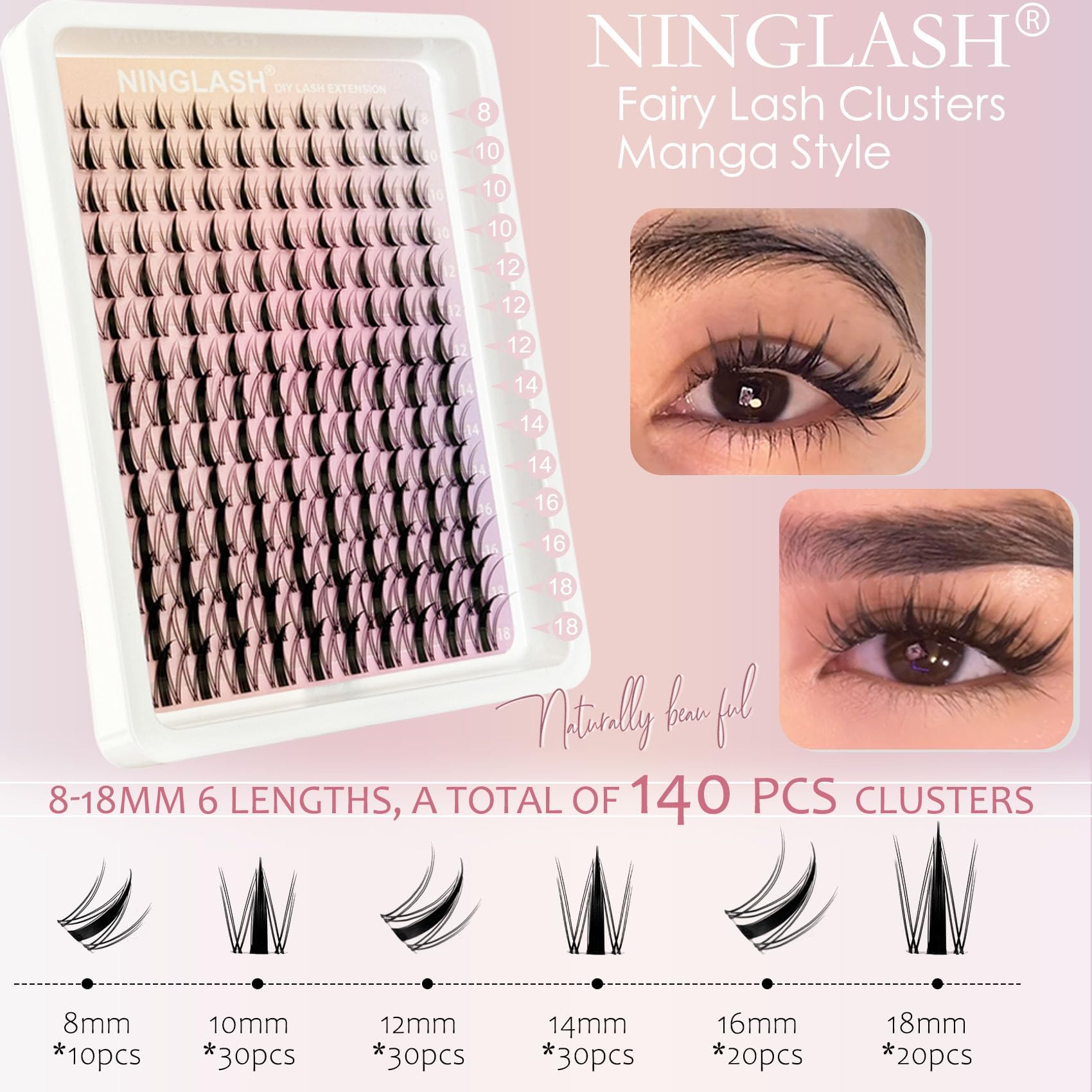 Ninglash Manga Lash Clusters create a wide-eyed, manga-inspired effect.
