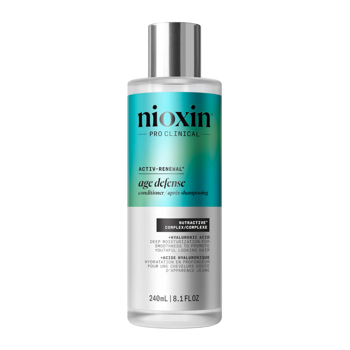 NIOXIN Age Defense Conditioner bottle front promotes hydration for aging hair.