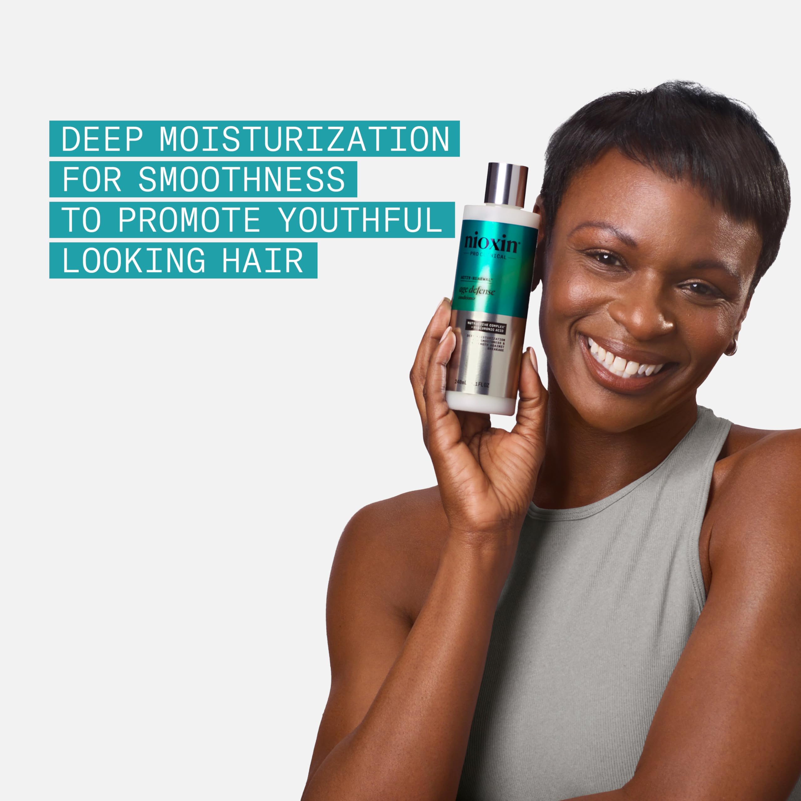 Hyaluronic acid imagery in NIOXIN Age Defense Conditioner signals deep moisture.