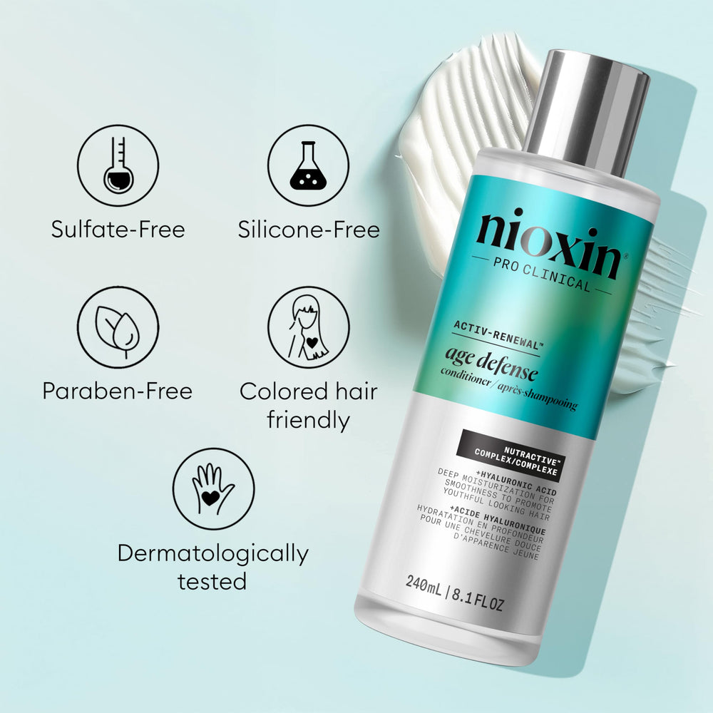 Scalp hydration focus in NIOXIN Age Defense Conditioner product shot.