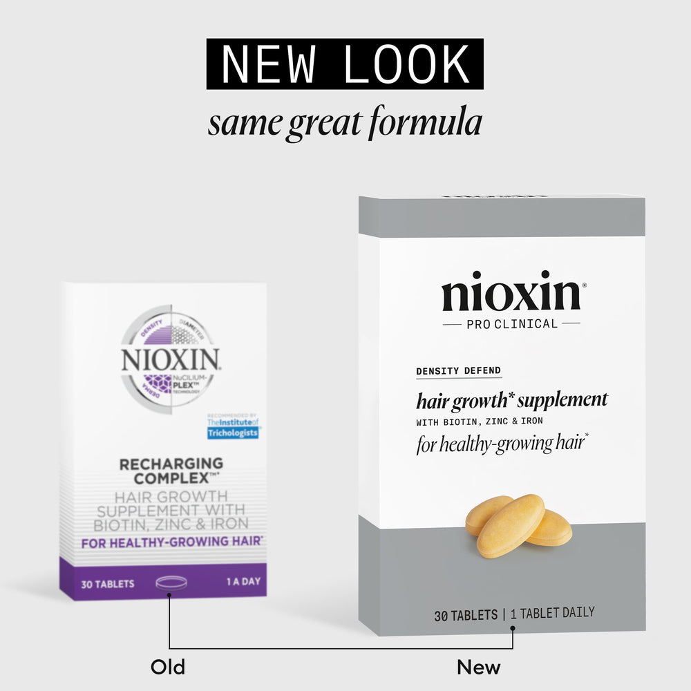 NIOXIN Density Defend tablets in packaging suggest fuller hair potential.
