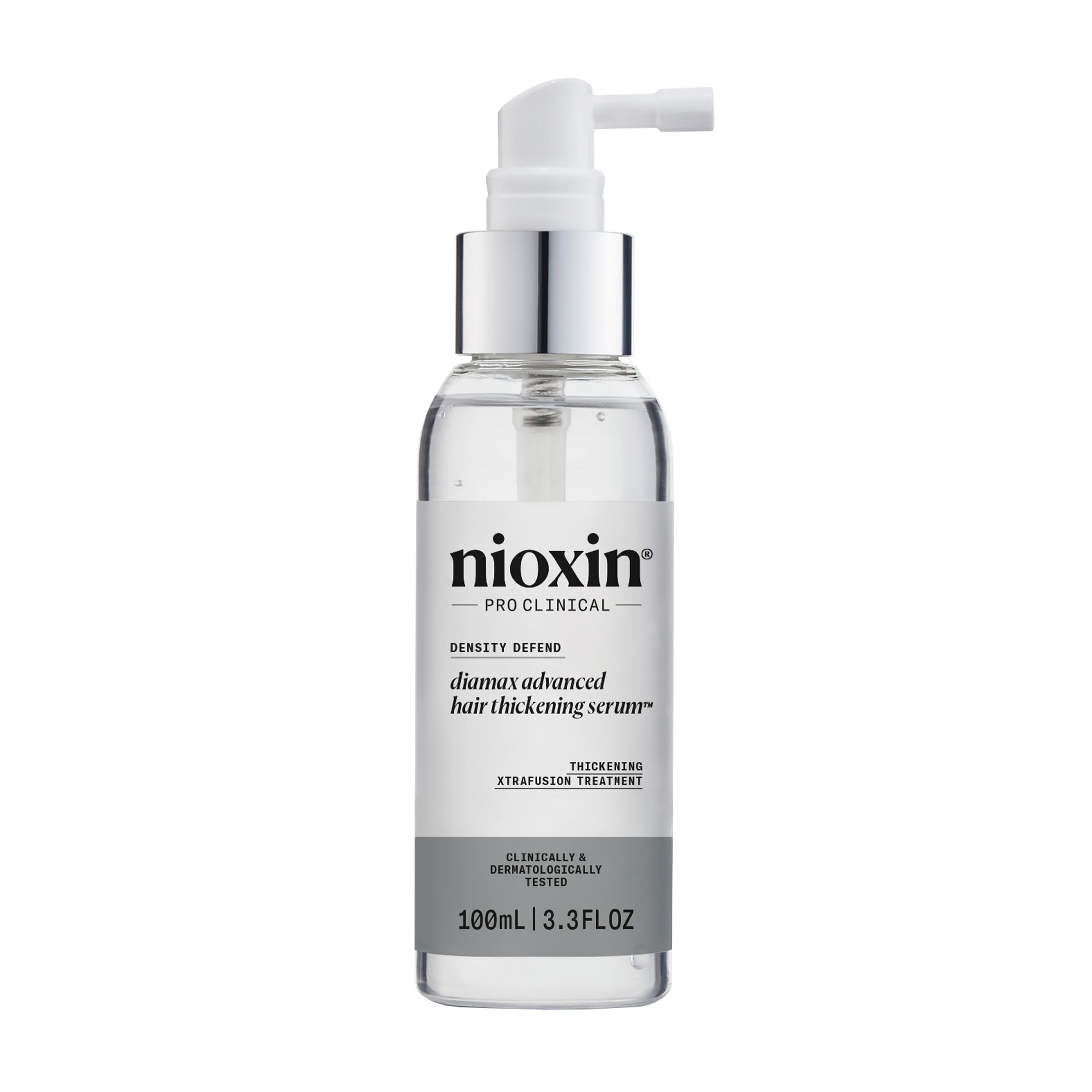 Nioxin Diamax Advanced bottle with pump promoting a fuller-looking hair daily use