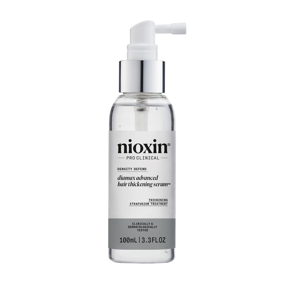 Nioxin Diamax Advanced bottle with pump promoting a fuller-looking hair daily use