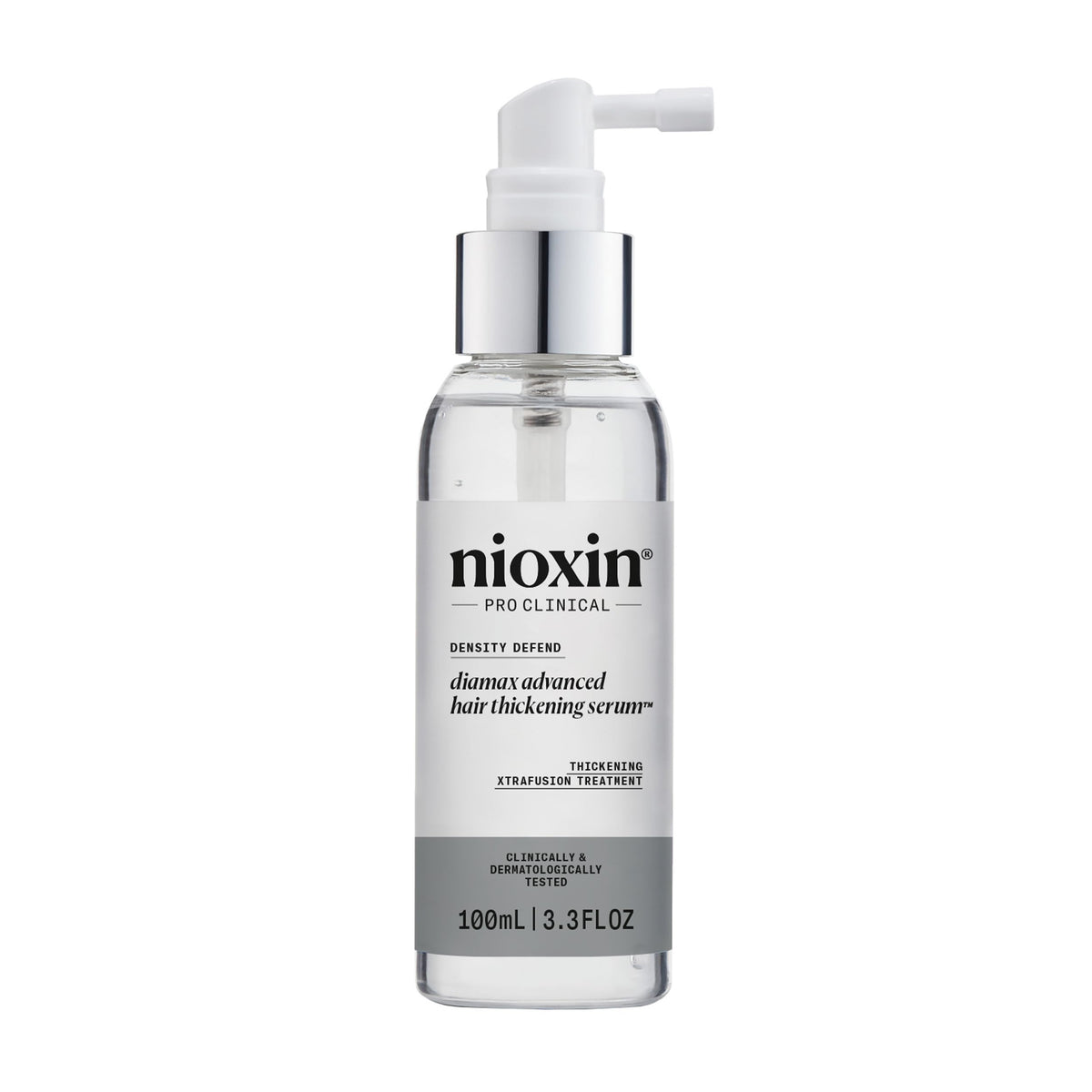 Nioxin Diamax Advanced bottle with pump promoting a fuller-looking hair daily use