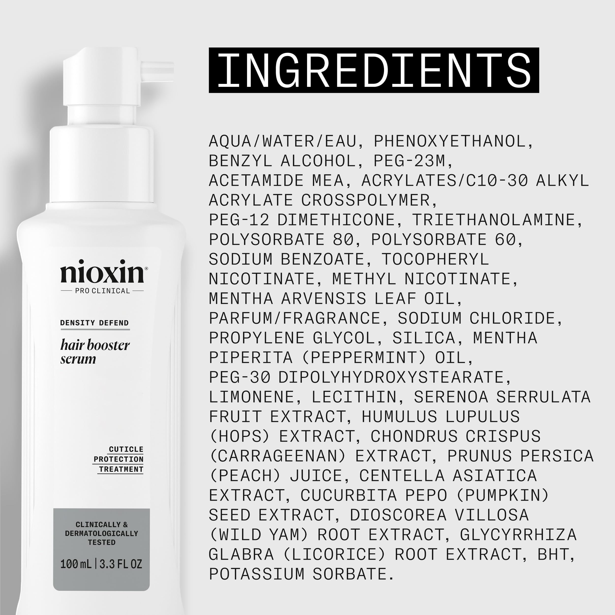 NIOXIN Hair Booster Serum being brushed through curls illustrating lightweight coverage.