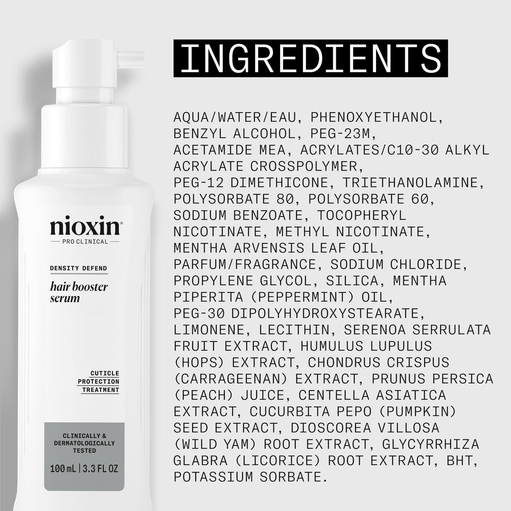 NIOXIN Hair Booster Serum being brushed through curls illustrating lightweight coverage.