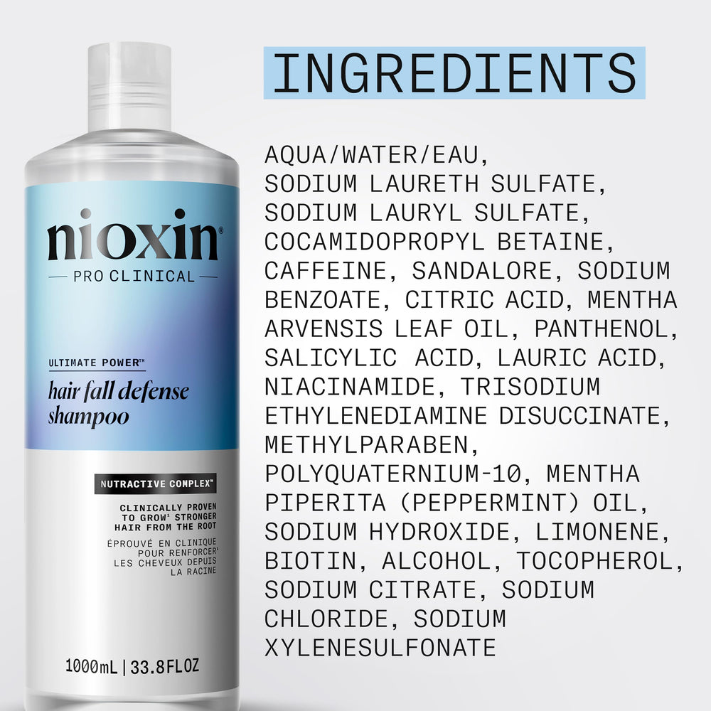 Nioxin Hair Fall Defense Shampoo bottle showing colorants-free formula for sensitive scalps.