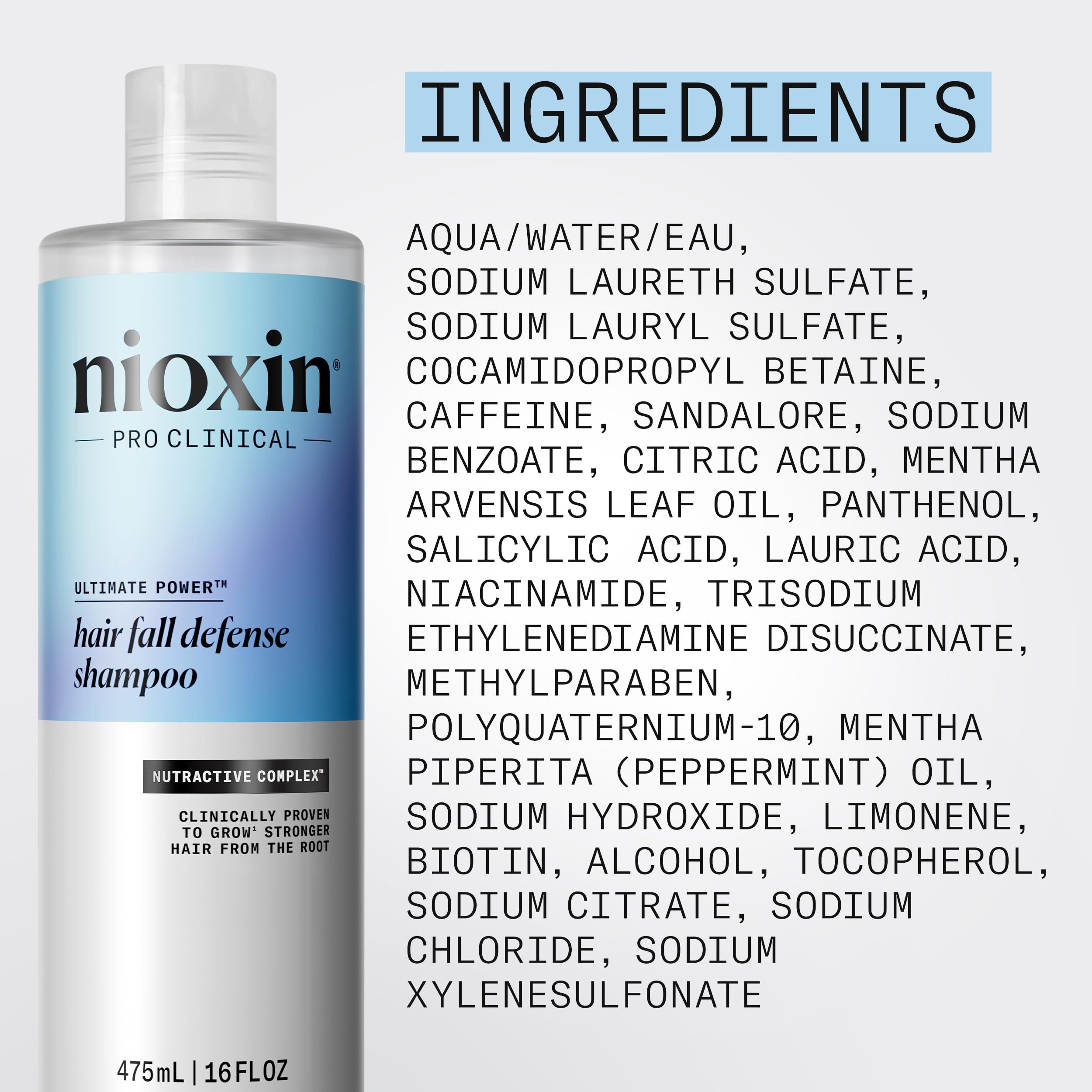 Nioxin Hair Fall Defense Shampoo product shot highlighting the 16 oz bottle.
