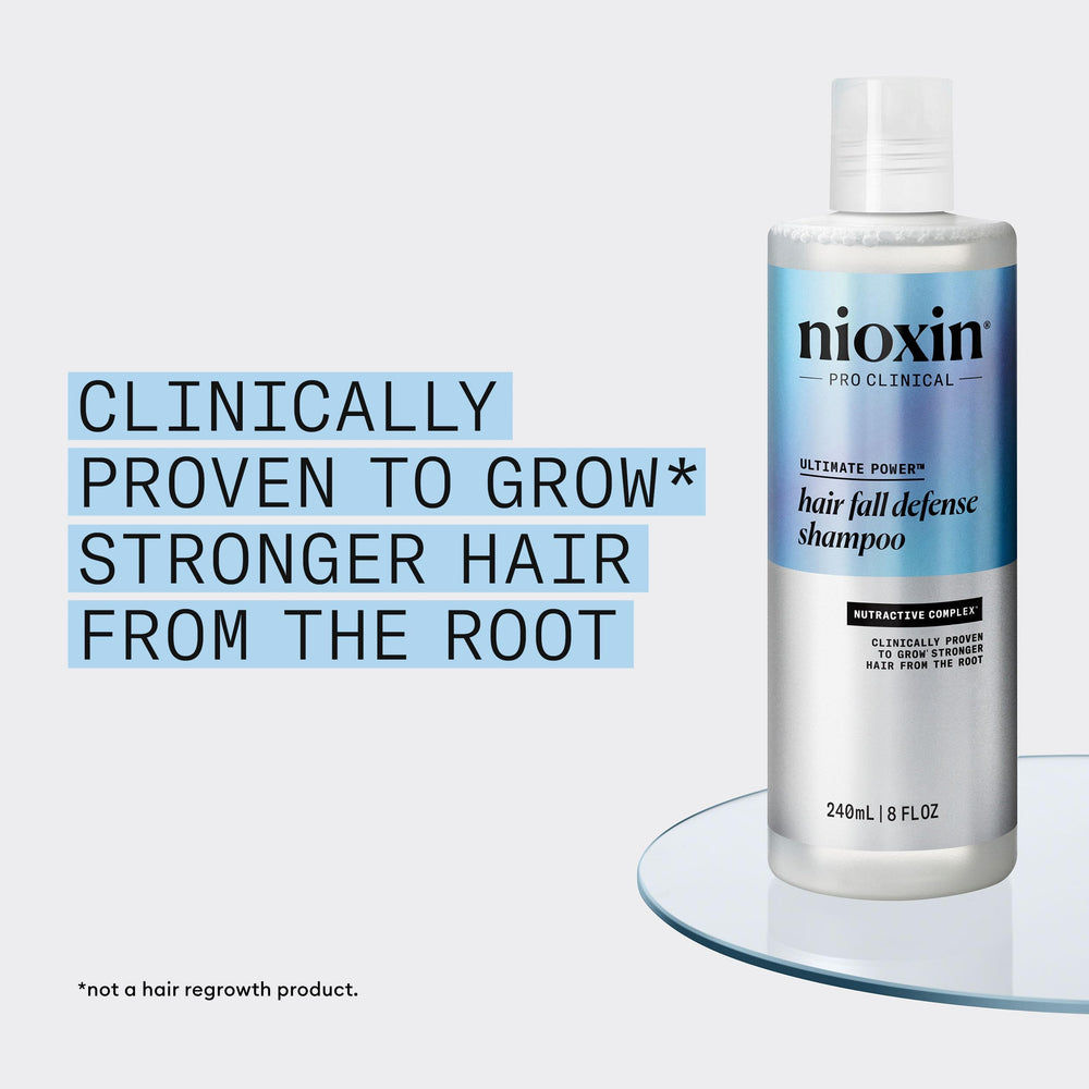 NIOXIN Hair Fall Defense Shampoo ready for scalp massage and cleansing.
