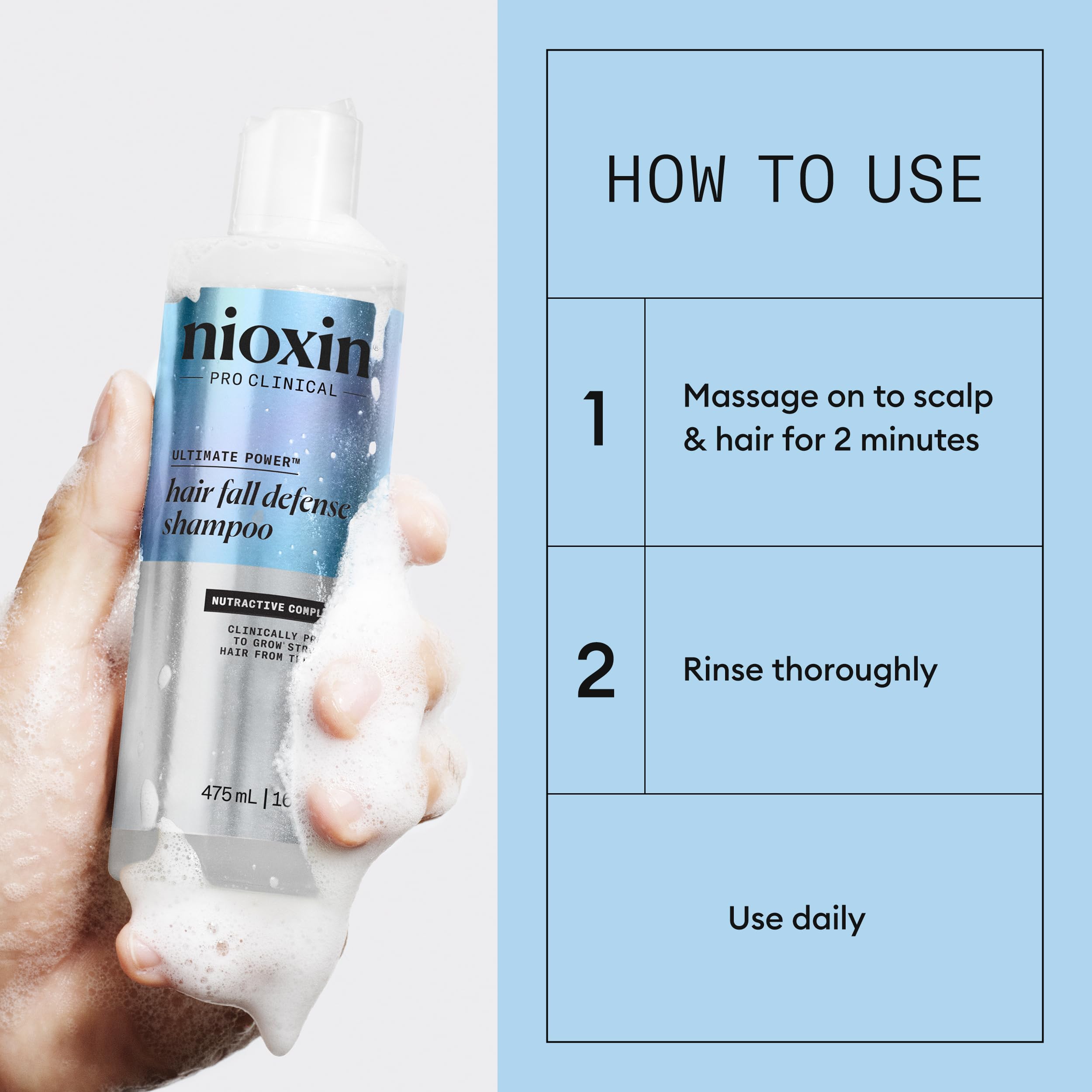 Nioxin Hair Fall Defense Shampoo close-up shows hair texture and potential strength.