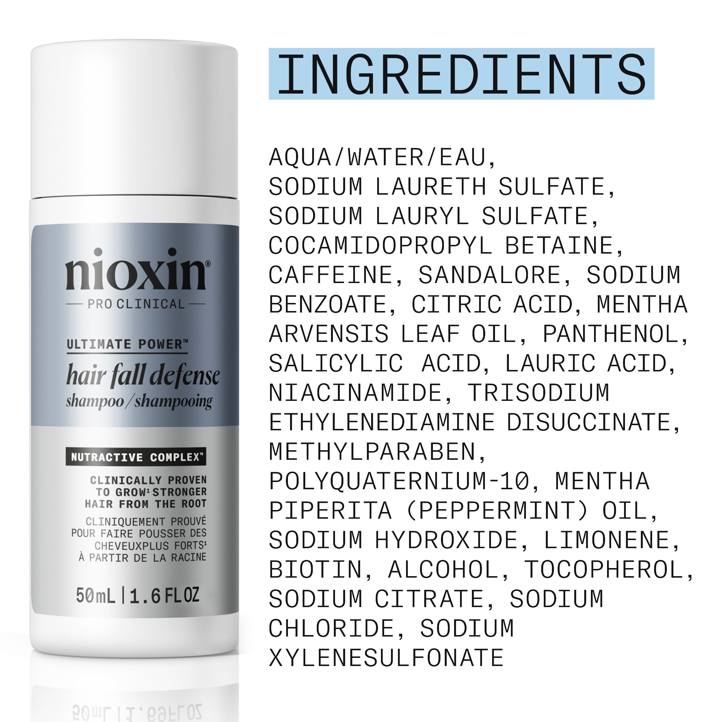 Nioxin Hair Fall Defense splash showing clear bottle and routine care