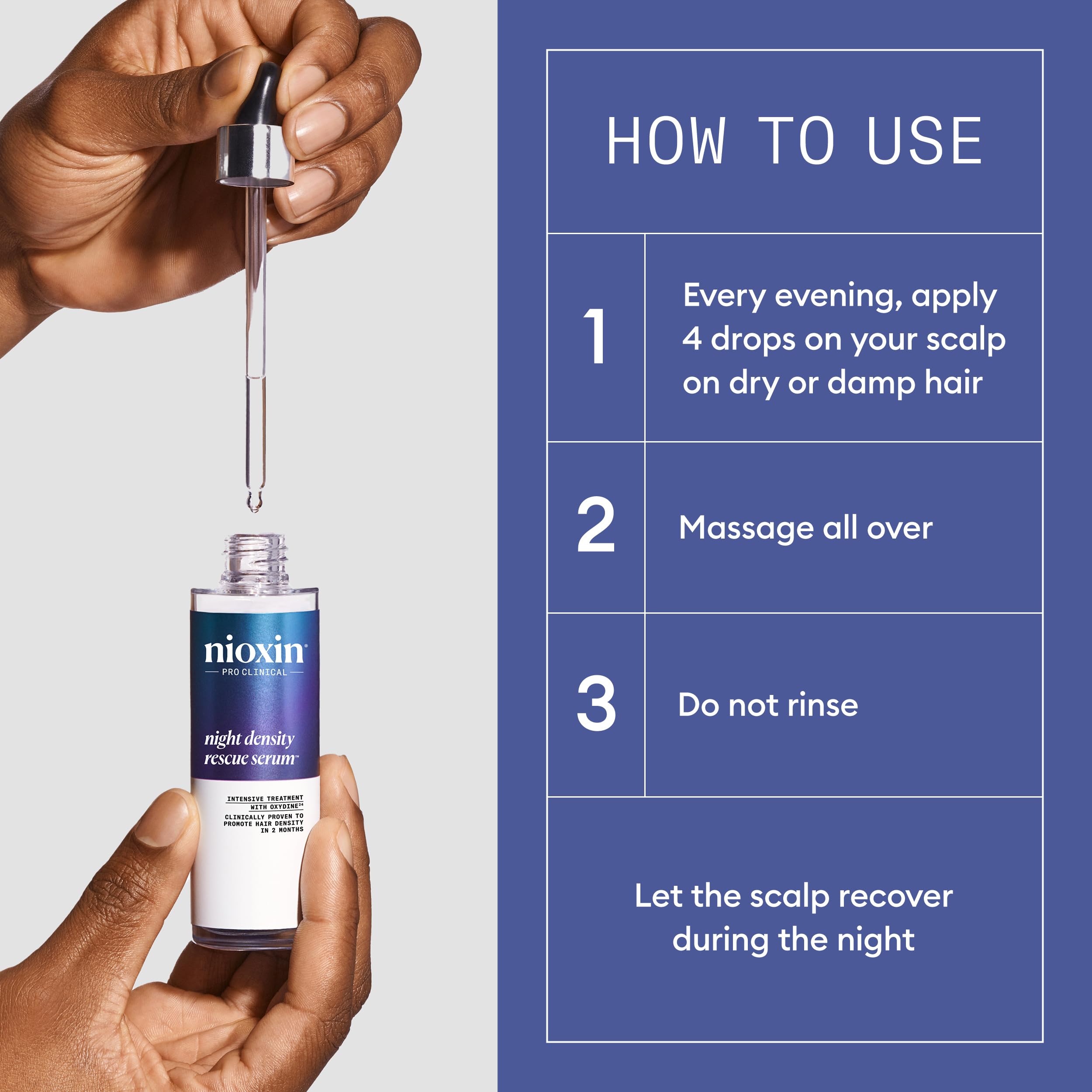 Nioxin Night Density Rescue Serum texture closeup reveals light, non-greasy serum