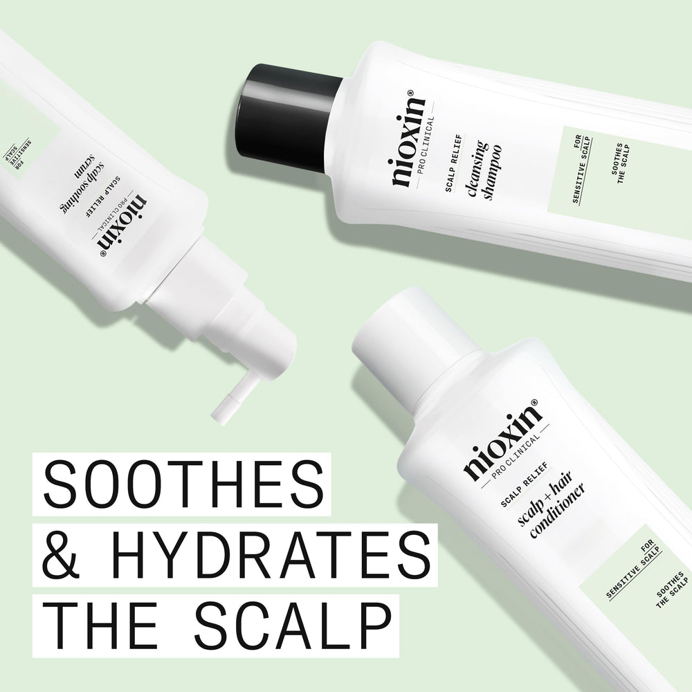 NIOXIN Scalp Relief Cleansing Shampoo label closeup highlighting paraben-free and sulfate-free ingredients.