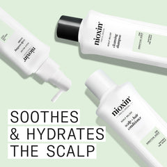 NIOXIN Scalp Relief Cleansing Shampoo label closeup highlighting paraben-free and sulfate-free ingredients.