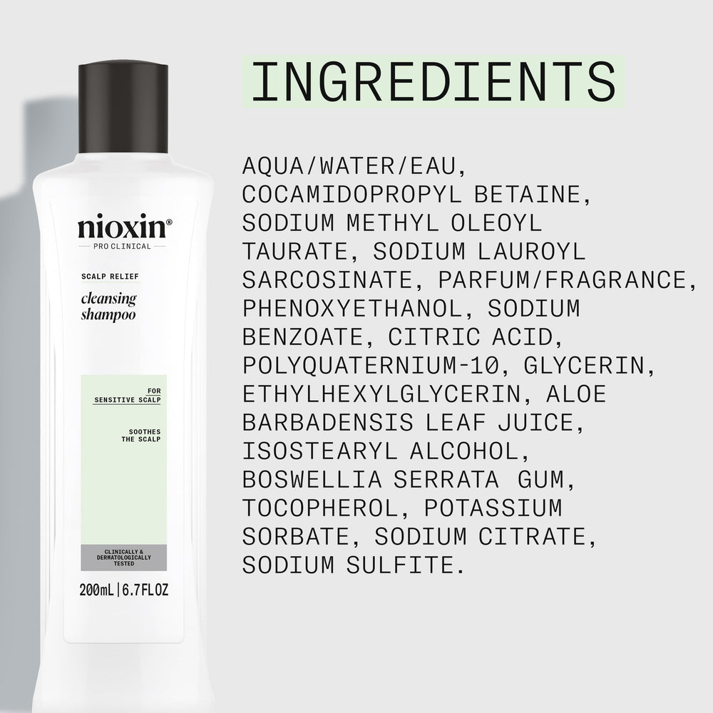 NIOXIN Scalp Relief Cleansing Shampoo in a shower setting for soothing scalp care.