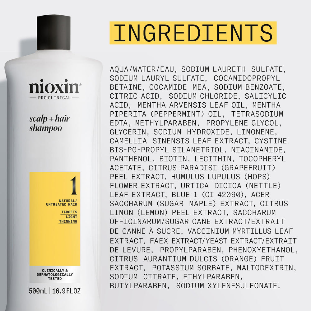 Nioxin System 1 dense hair visual suggests thicker appearance.