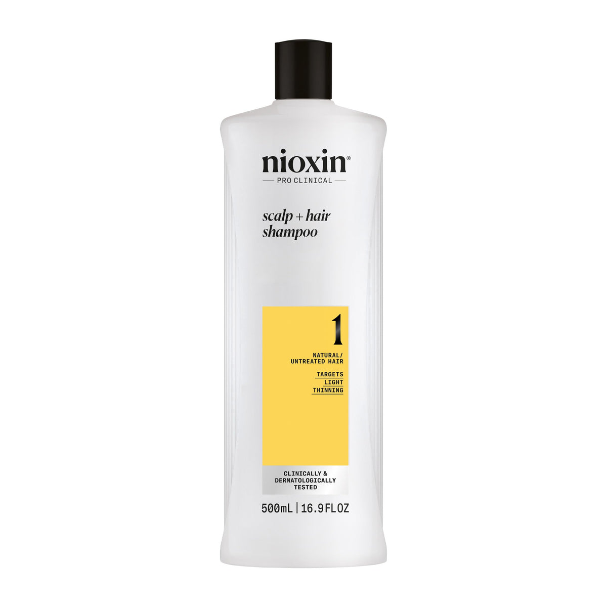 Nioxin System 1 shampoo bottle demonstrates daily cleansing for fine hair.