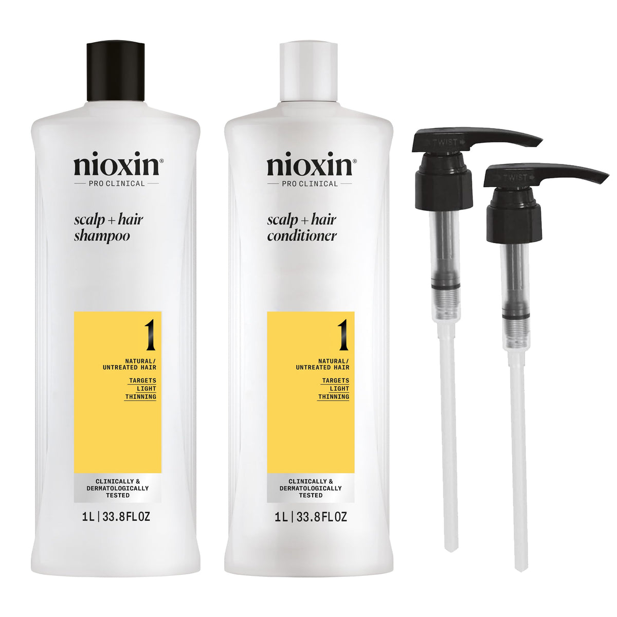 NIOXIN System 1 shampoo pump closeup for easy dispensing and cleanse.