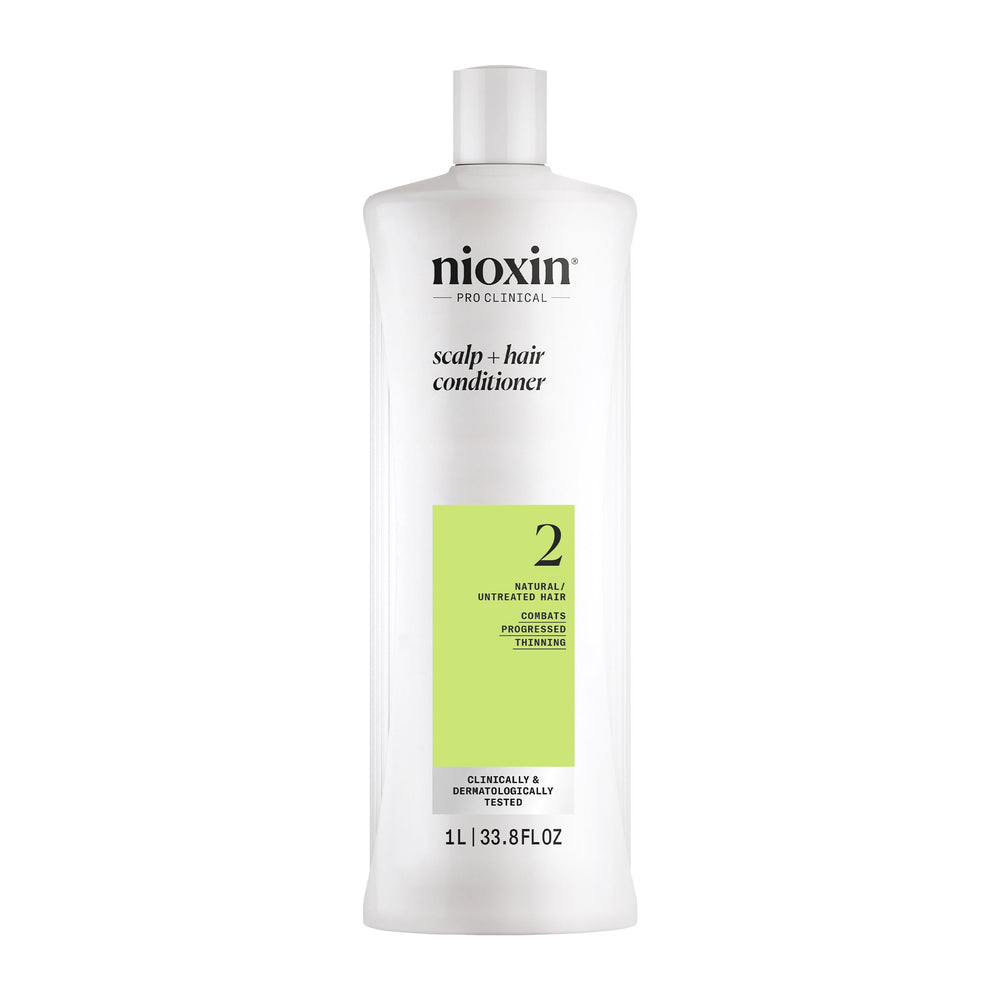Nioxin System 2 conditioner bottle front showing smoother, fuller-looking hair