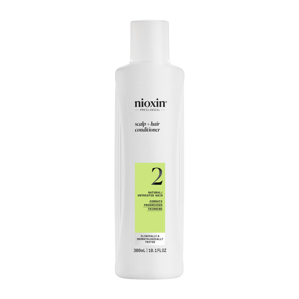 Nioxin System 2 conditioner bottle shows a lightweight formula for progressed thinning