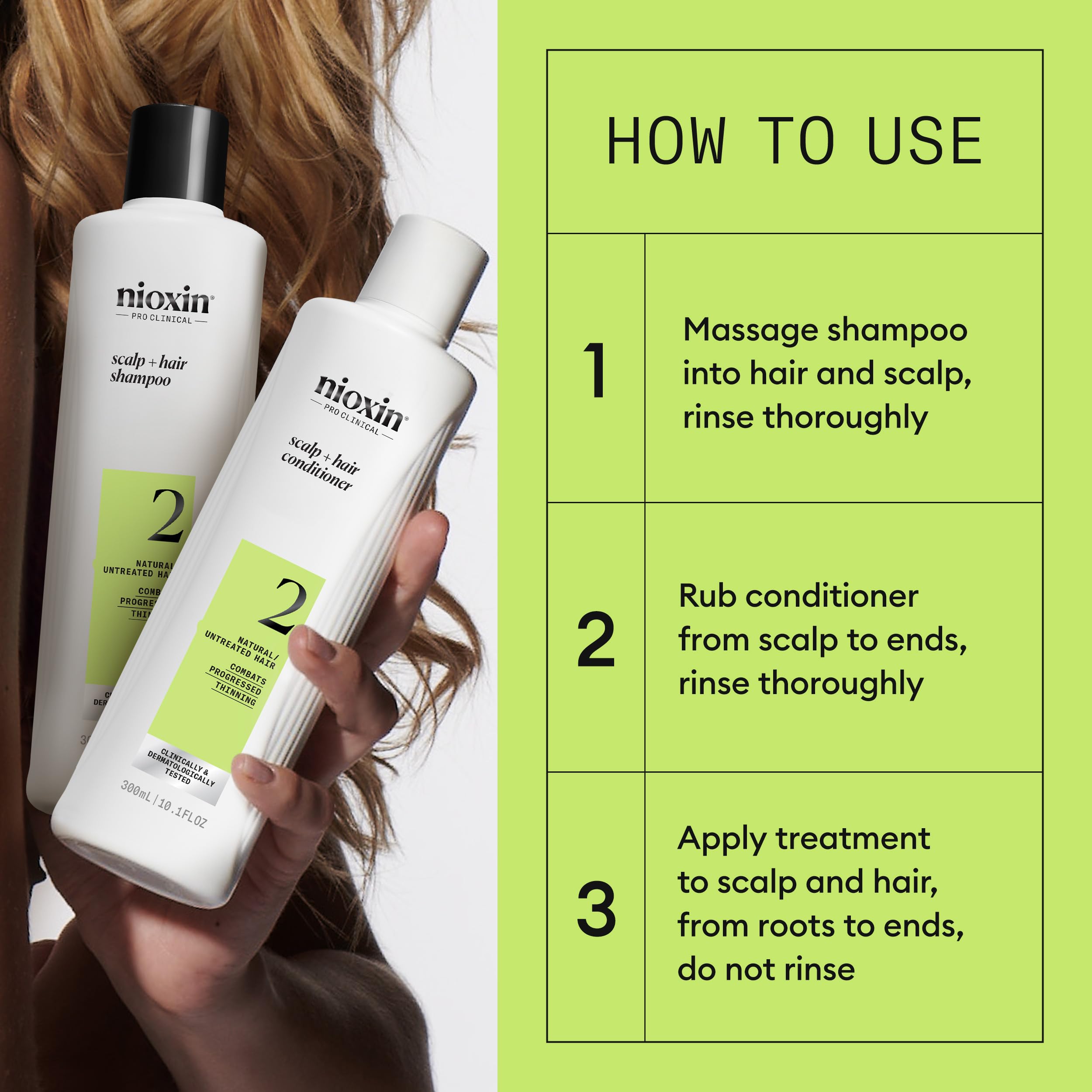 Nioxin System 2 hair shine detail highlights healthy finishing glow.