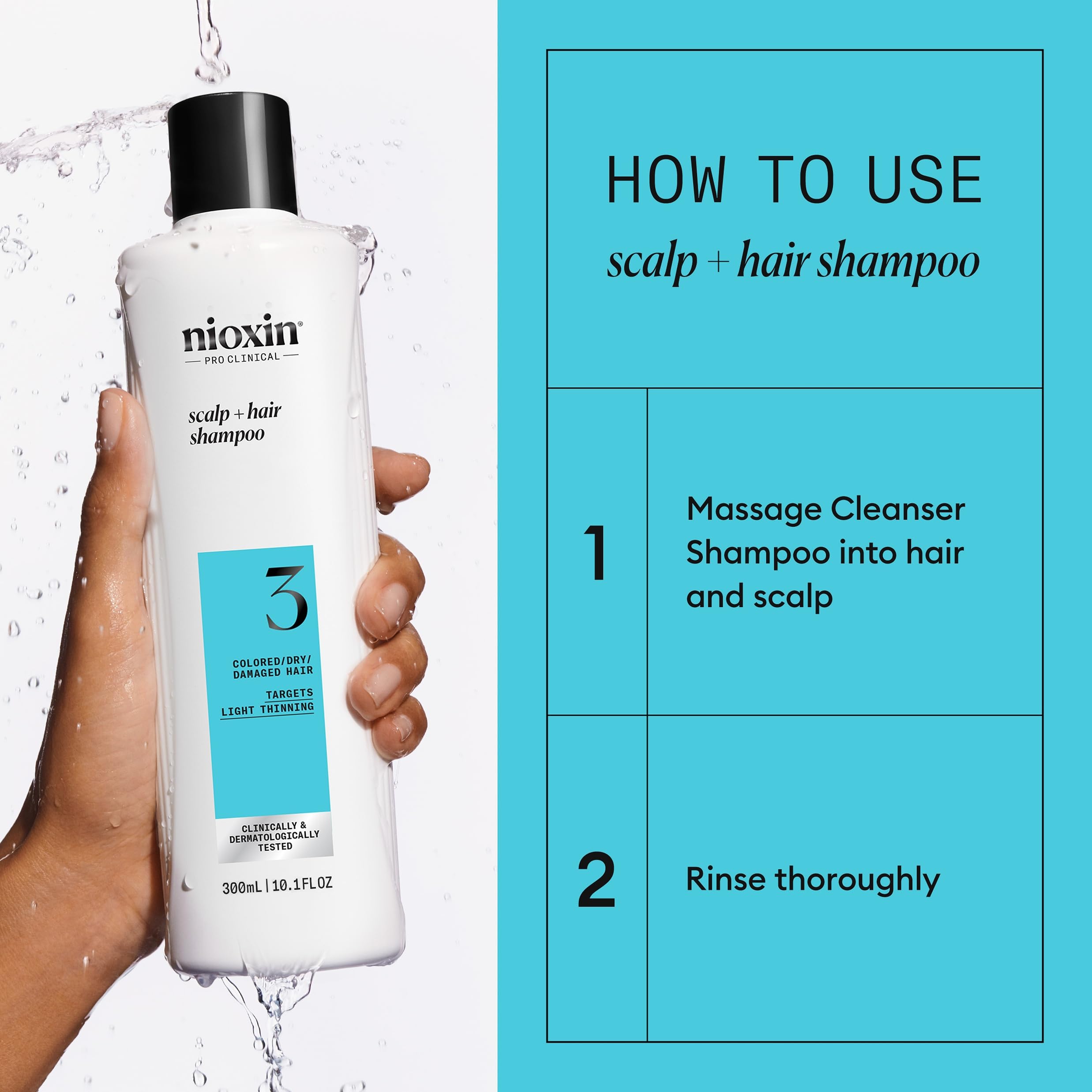 Nioxin System 3 hair thickening treatment preparation image hints at thicker look.