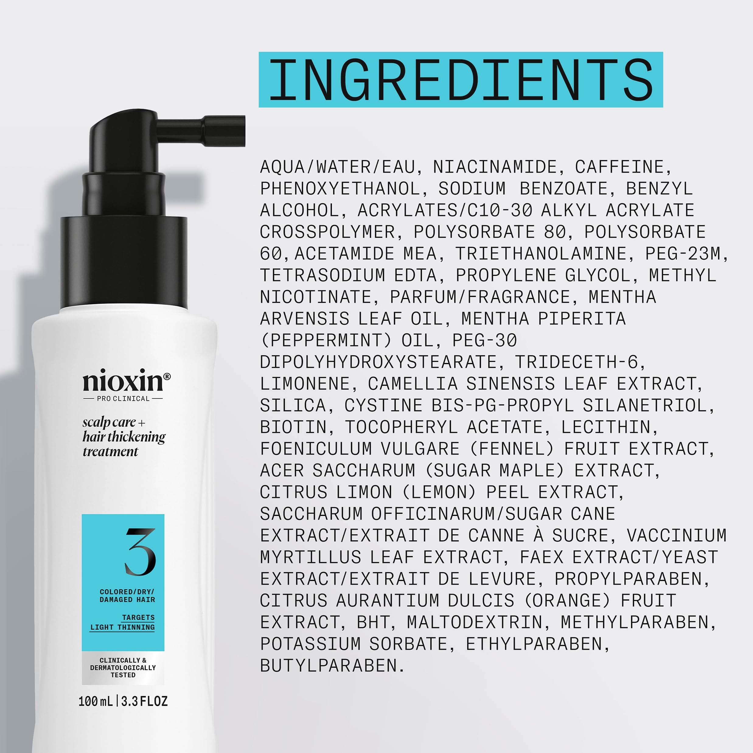 Nioxin System 3 hair-thickness-effect visible on strands.