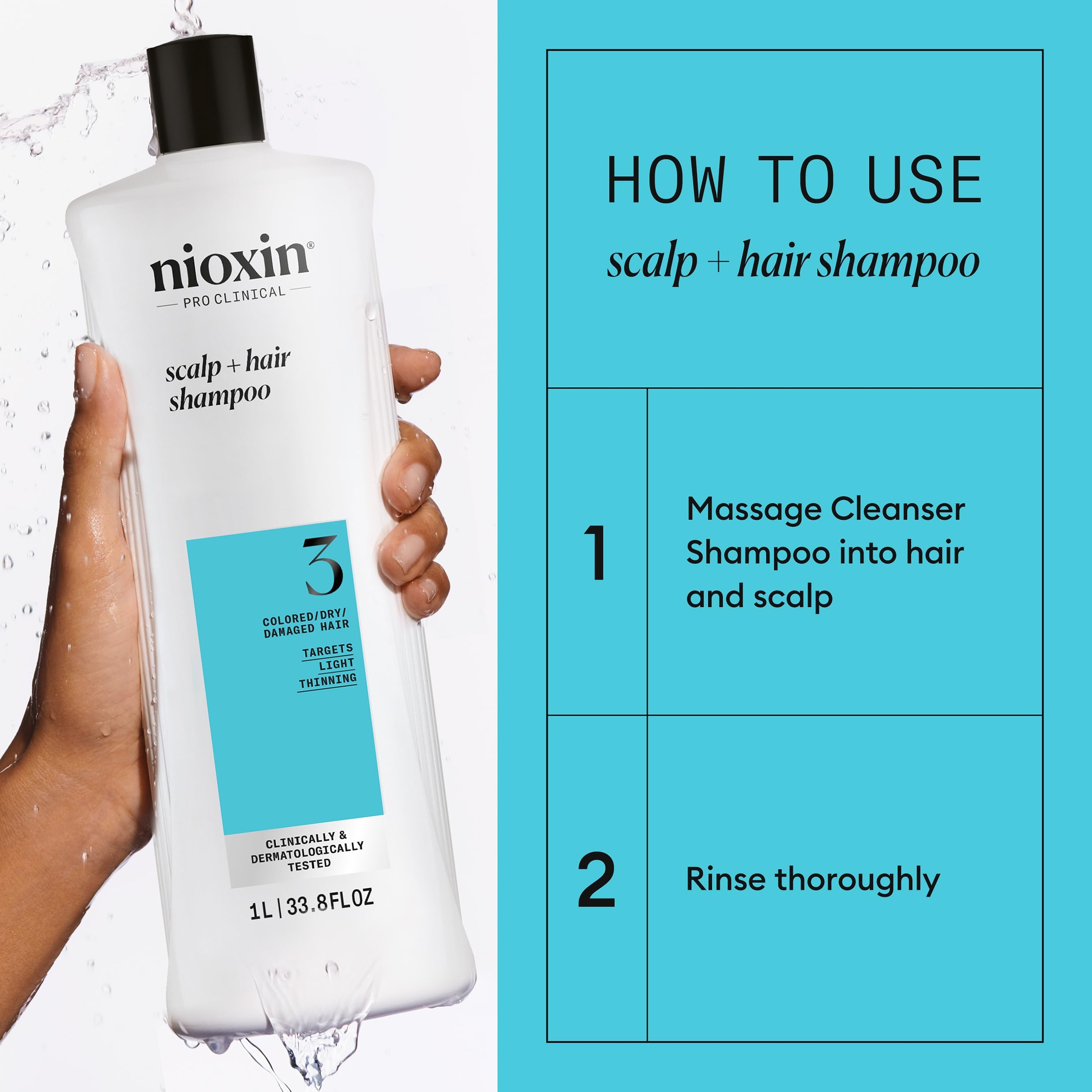 Nioxin System 3 scalp cleansing action gently removes impurities and sebum.