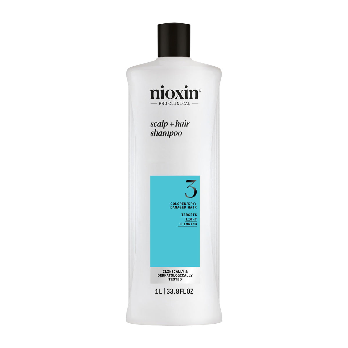 Nioxin System 3 shampoo bottle front showcases color-treated care and light thinning support.