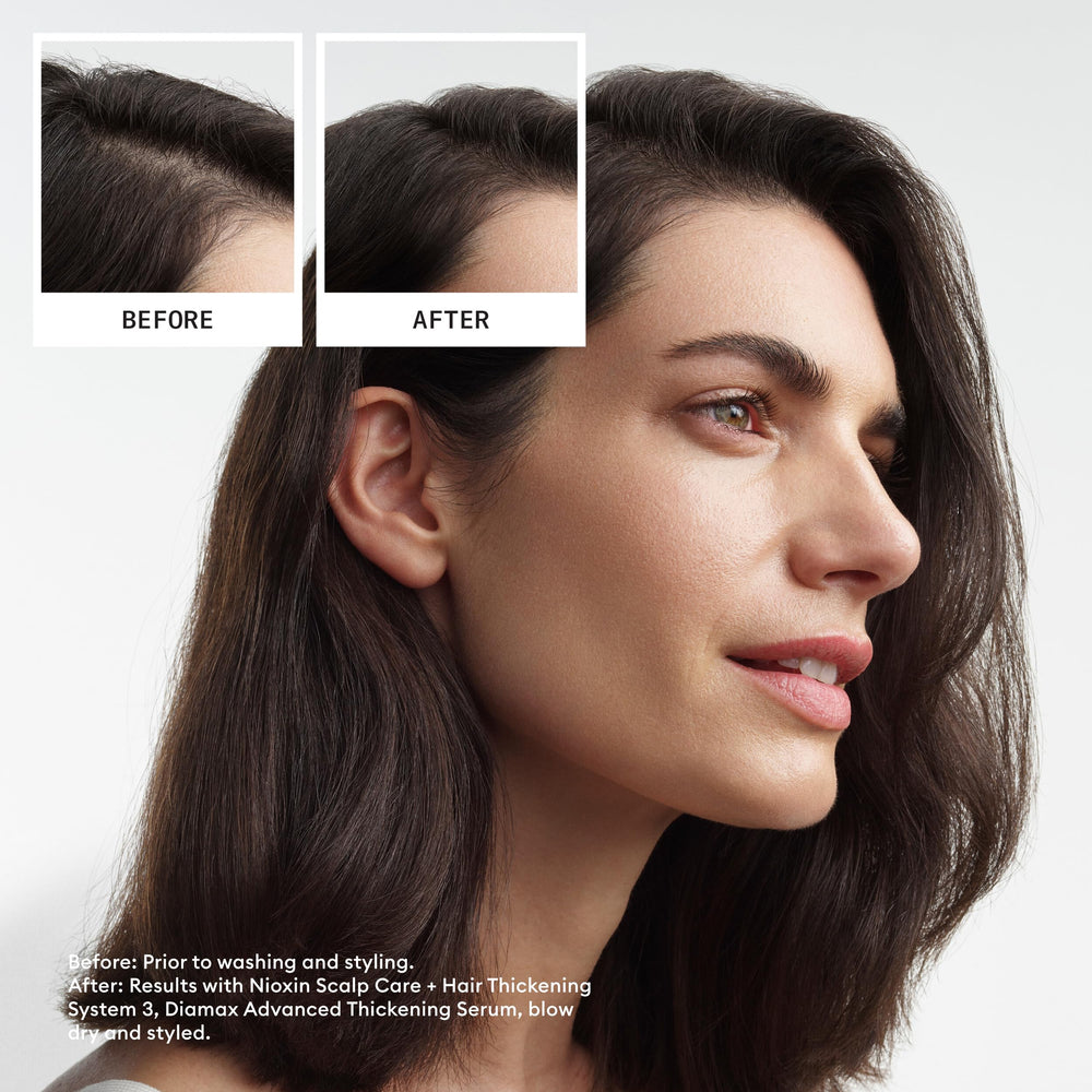 Nioxin System 3 shampoo lather close-up demonstrates scalp cleansing for thicker appearance.