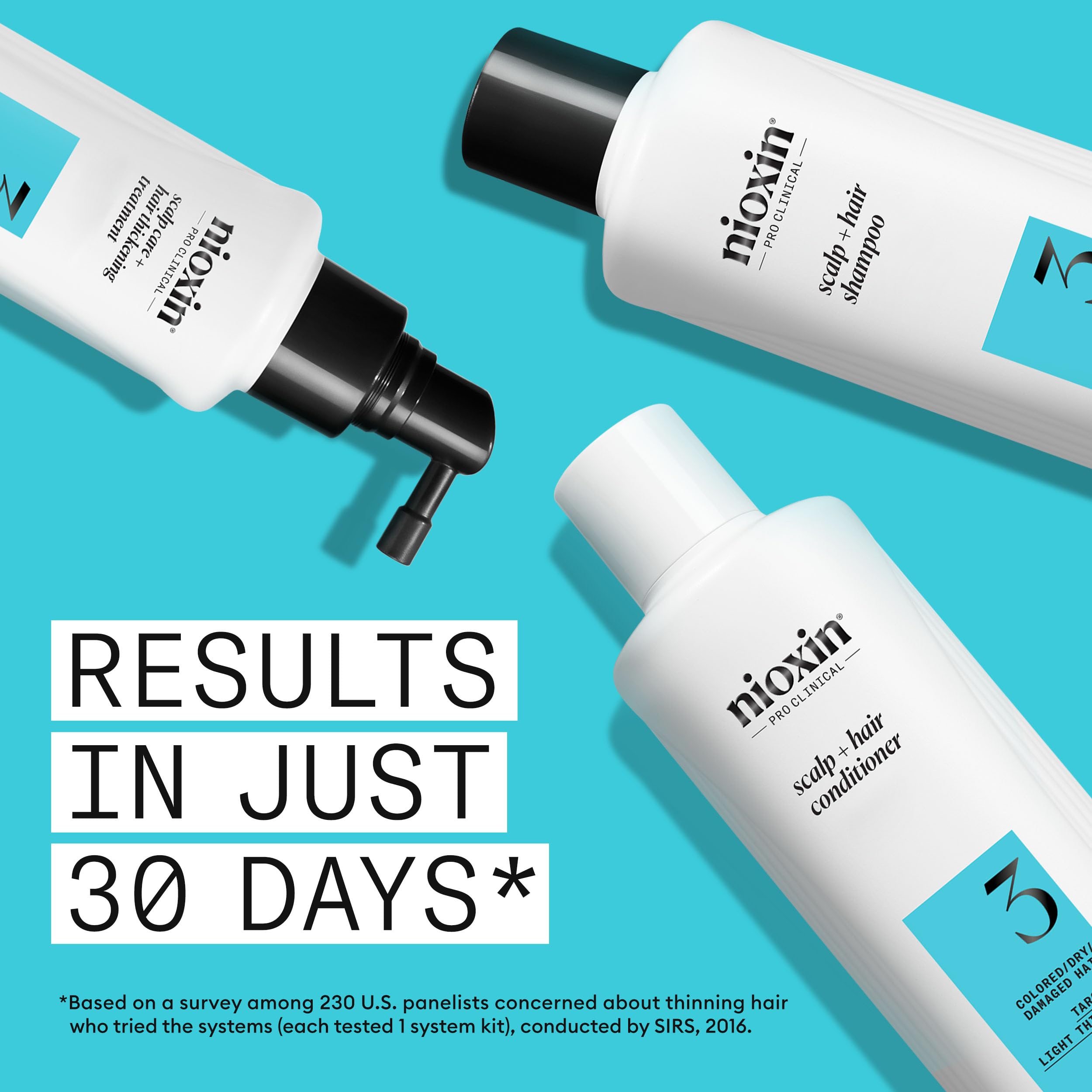 Nioxin System 3 thickening treatment bottle close-up delivering scalp nutrients