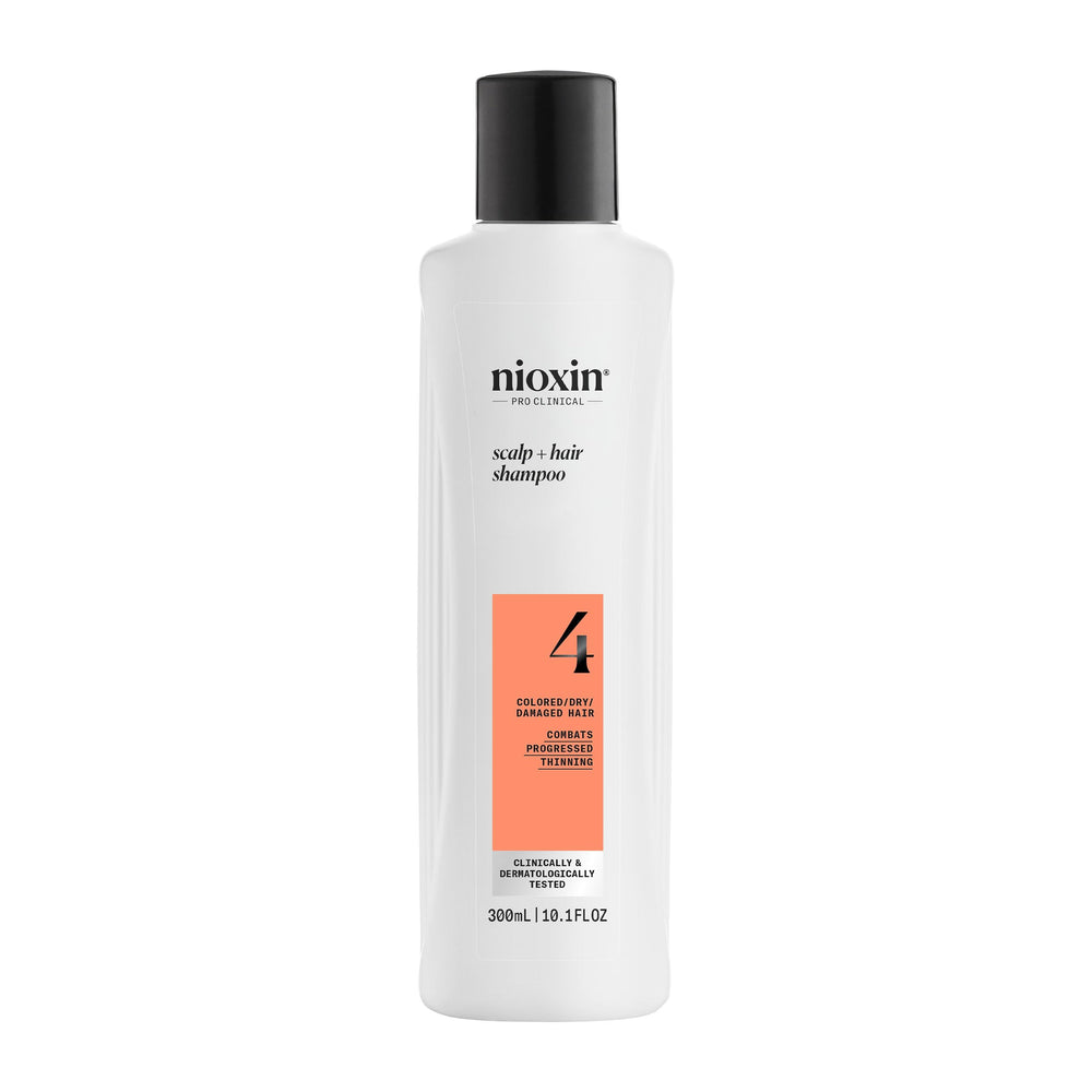 Nioxin System 4 bottle pour shows precise dosing for color-treated, progressed thinning hair.